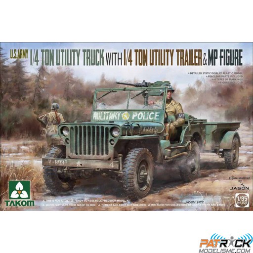 1/35e Takom 1/4 Ton Utility Truck with Trailer & MP Figure - US ARMY JEEP