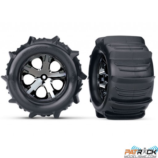 Roues TRAXXAS pneus pelles + jantes chrome noir style beadlock hex 12mm (2)– Stampede