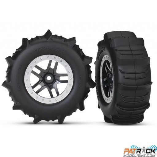 Roues TRAXXAS pneus pelles + jantes satin chrome style beadlock hex 12mm (2)– Slash