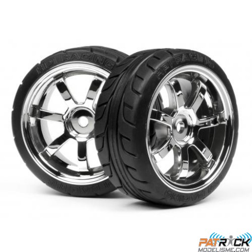 Roues HPI montées, pneus TGRIP sur jantes RAYS 57S chromées (paire)