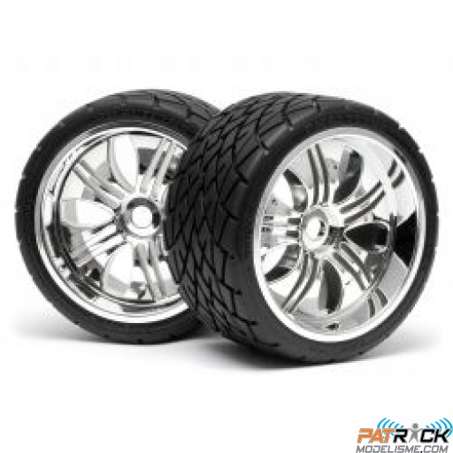 Roues HPI montées, pneus PHALTINE 140x97mm sur jantes TREMOR chromées (paire)