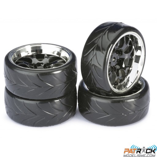 Roues ABSIMA Pneus Drift LP Comb profil A Jantes 9 Noires/ Chromées 1/10 4pcs