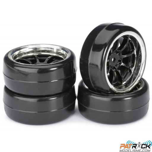Roues ABSIMA Pneus Drift LP profil A Jantes 9 Noires/ Chromées 1/10 4pcs