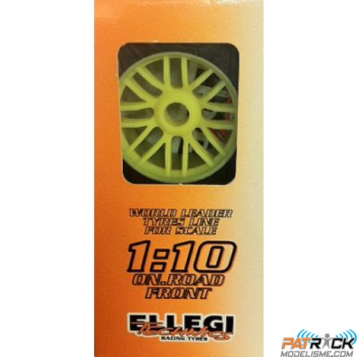 Roue montée avant, jante baton jaune, pneu mousse 30° i-M2 (paire) – piste 1/10ème