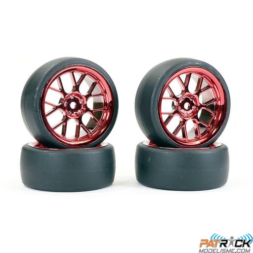 Roues Fastrax 14 branches DRIFT D1 chromées rouge déport 3mm 1/10 4pcs