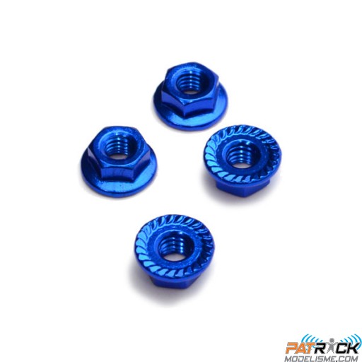 Ecrou à collerette dentelés alu anodisé bleu M4 - 4 pièces