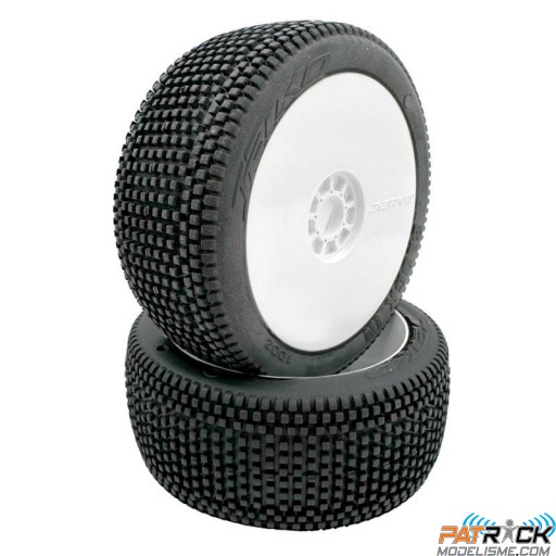 JetKo Roues jantes Revo blanche pneu BLOCK IN Soft (2) 1/8e Buggy