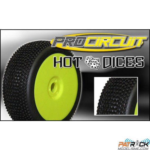 Roues montées ProCircuit,pneus HOT DICE Purple/SUPER SOFT sur jantes Jaune (4pcs) - Buggy 1/8