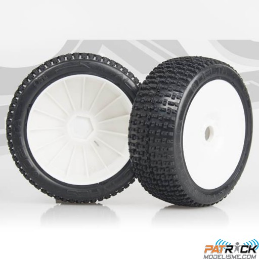 Roues ART DELTA SOFT montes collées sur jantes BLANCHES à batons TT 1/8e