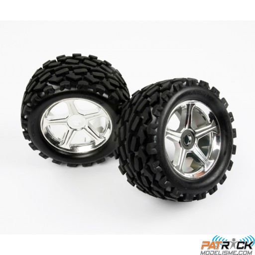 Roues montées et collées Robitronic - Jantes chromées 1/8 Monster/Truggy - La paire