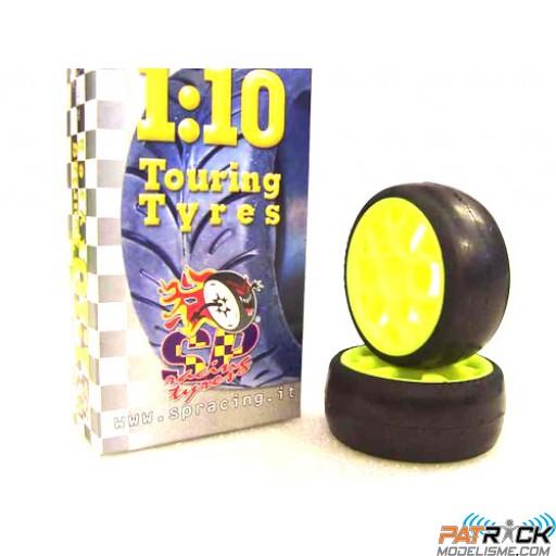 Pneus gomme montés-collés SP Racing SLICK Soft Jante Jaune AVANT – 1/10ème