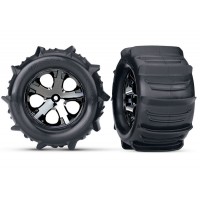 Roues TRAXXAS pneus pelles + jantes chrome noir style beadlock hex 12mm (2)– Stampede
